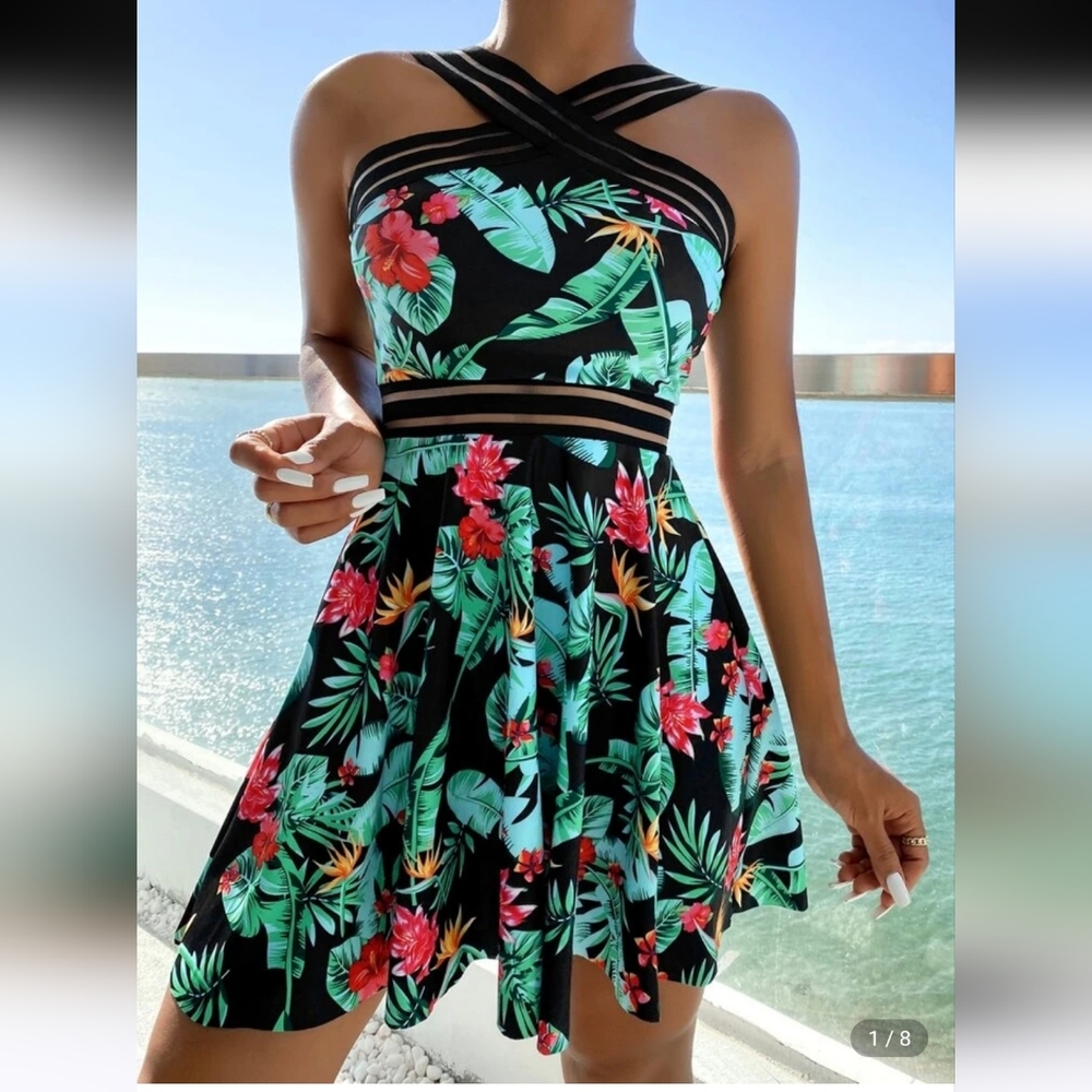 Makemechic Tropical Floral Print Swim Dress 2pc Matching Set New